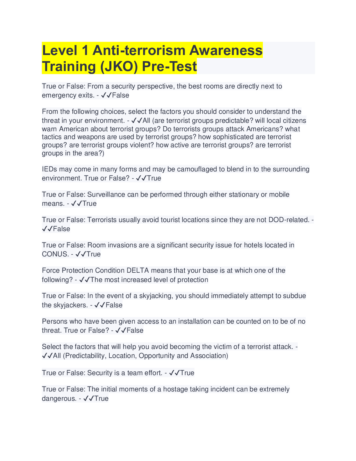Level 1 Anti-terrorism Awareness Training (JKO) Pre-Test( WITH 100%